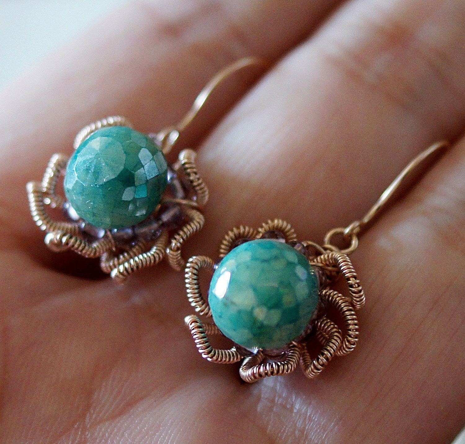 Puya mystic Emerald light purple Amethyst 14kt Rose Pink Goldfill wire Flower charm dangle Earrings