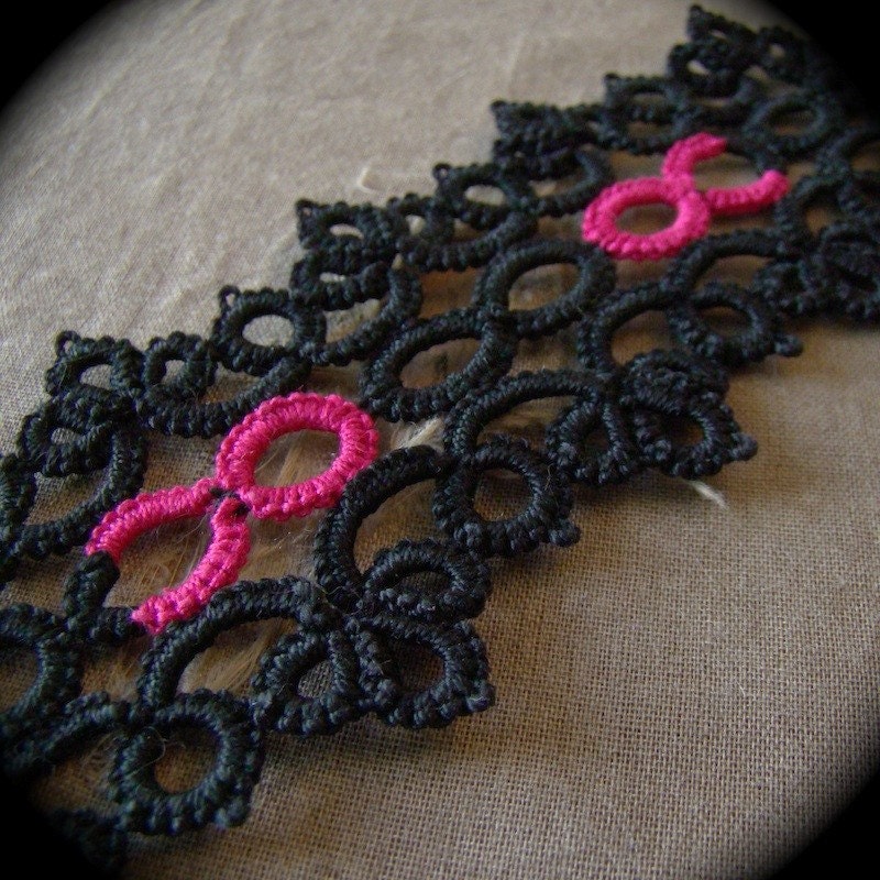 Tatted Lace Awareness Bracelet - Pink Ribbon - Breast Cancer