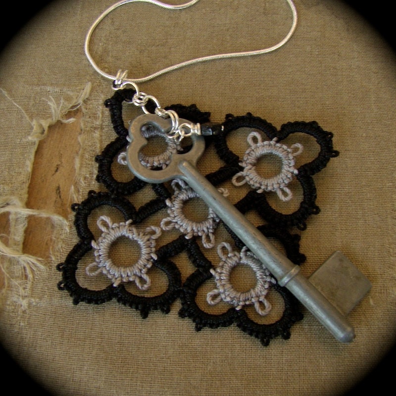 Tatted Lace Pendant Necklace - Cross and Key - Black and Gray