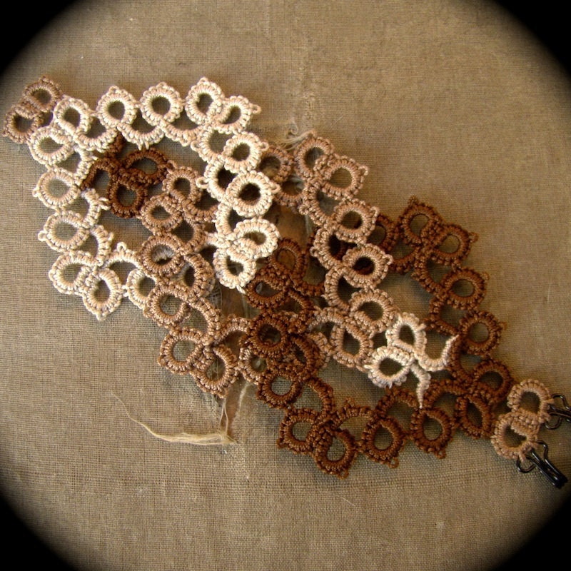 Tatted Lace Cuff Bracelet - Interwoven - Sepia Tones