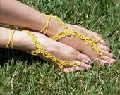 The Vine - Tatted Lace Barefoot Sandals - Daffodil Yellow with Teal Beads