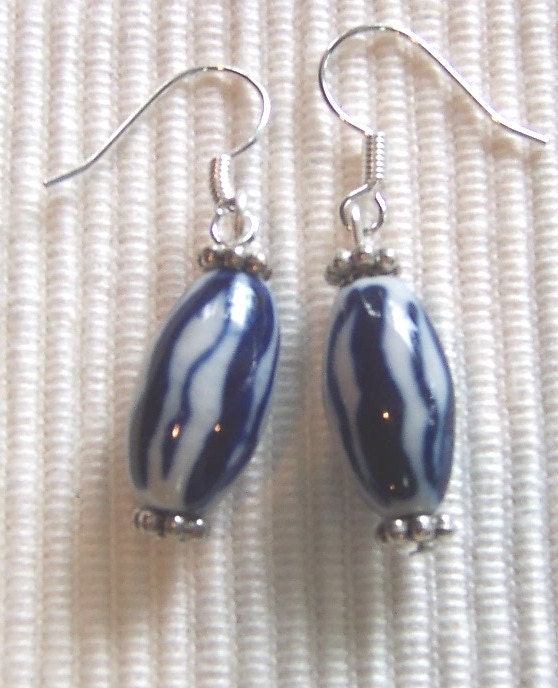 Blue & White Striped Porcelain Earrings