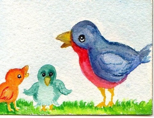 Happy Birds Painting, Chit Chatting Original ACEO
