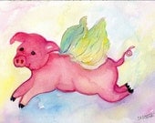 Original 7 by 10 inches Flying Pig in pastel colors original painting