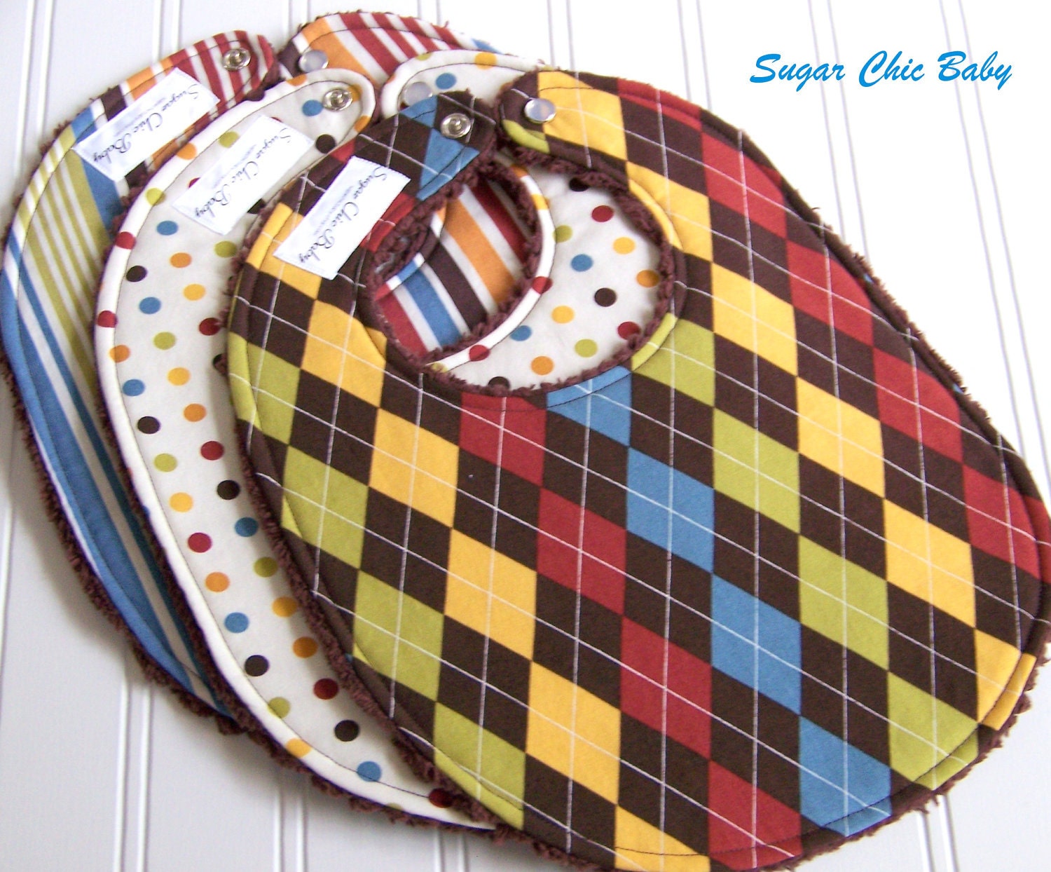 Baby Bibs for Baby Boy  - Set of 3 Triple Layer Chenille Bibs - Renditions Argyle, Stripes & Polka Dots