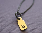 Personalized Initial Necklace Brass Tiny Tag and Blackened Sterling Silver Chain