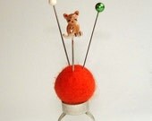 Wool Pincushion Ring With Vintage Enamel Stickpin