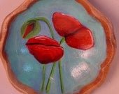 Hand painted wooden bowl painted with Poppies recycle and reuse