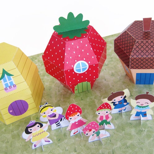 Strawberry, Beehive and Acorn Cottage Favor Boxes Printable Paper Craft PDF