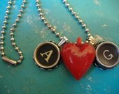GIFT 2 CHARMS WITH HEART CUSTOM VINTAGE TYPEWRITER KEY NECKLACE INITIALS SYMBOL YOU CHOOSE RETRO FUN