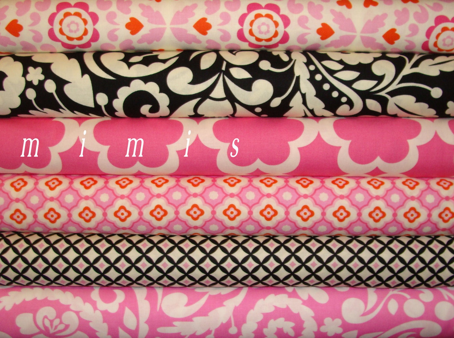 McKenzie & Taza Collection / Dena Designs Fabric / 6 Half Yard Bundle / Pinks and Blacks / Cotton Quilt Fabric