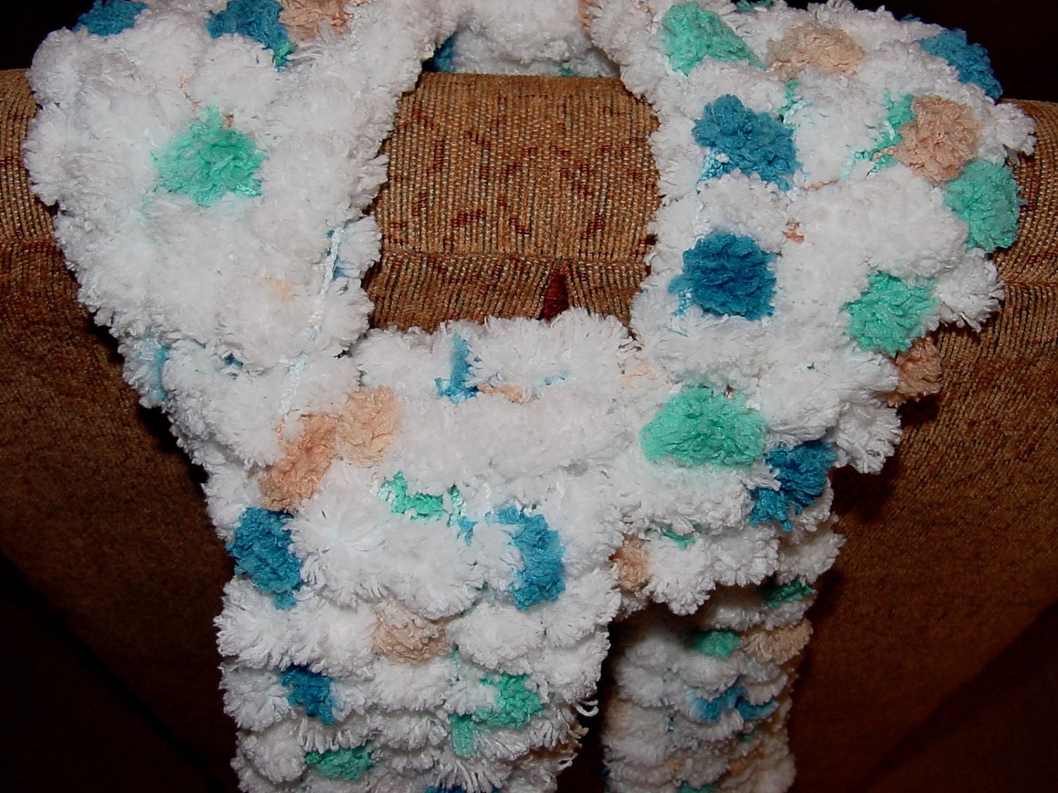 Hand Knit Scarf AVALANCE Pomp a Doodle Yarn White Aqua Blue Turquoise Blue Tan Free Shipping