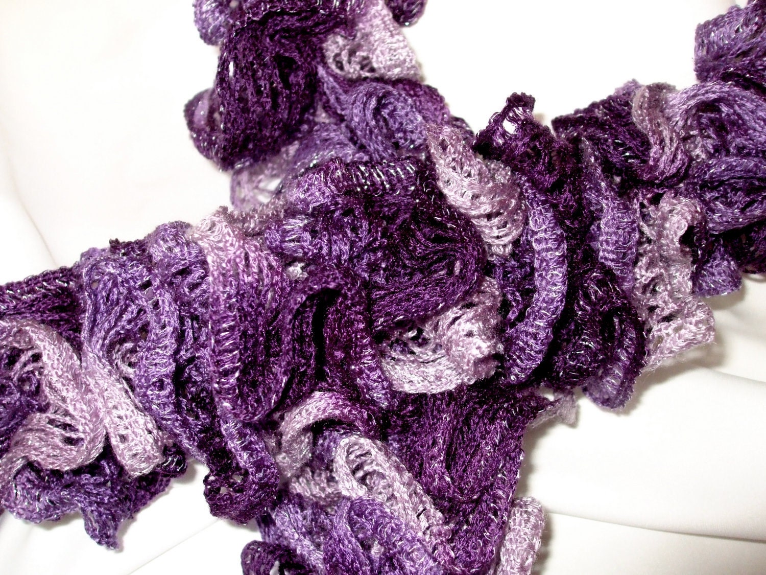 Handmade Knit Ruffle Scarf BOOGIE Lilac Purple Silver Lavender Mesh Net 65" Long FREE SHIPPING
