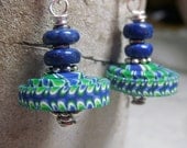 Blue and Green Stacker Bead Earrings .. polymer clay
