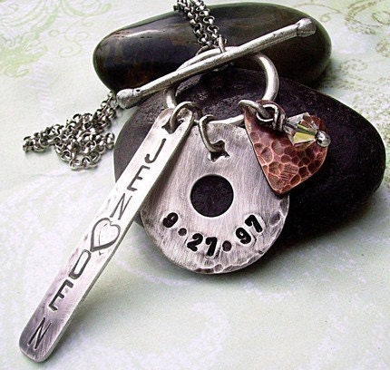 Personalized custom Hand-Stamped necklace Sterling Silver Rustic Handforged Front Toggle Disc Bar Charm - You Choose Words, Names, Dates