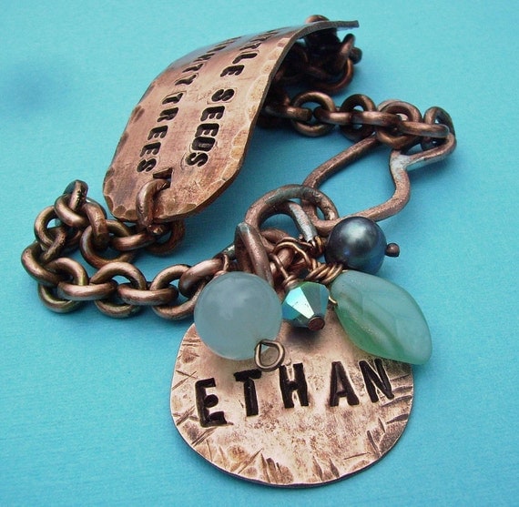 Hand Stamped Custom Personalized Antiqued Copper Id Band Bracelet w disc and beads - You choose Words, Names, Colors