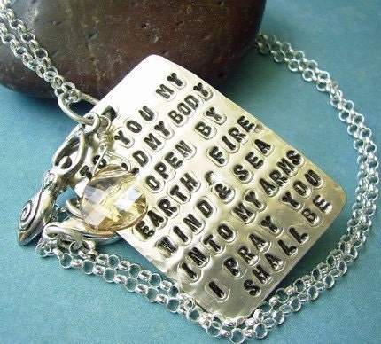 Fertility Goddess Scriptz - Hand Stamped Poem Charm Necklace with Briolette and Goddess Charm Dangle READY TO SHIP