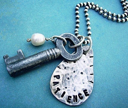 Patience is KEY - Hand Stamped Sterling Silver and Vintage Antique Skeleton Key Charm Necklace - KEY SERIES personalized