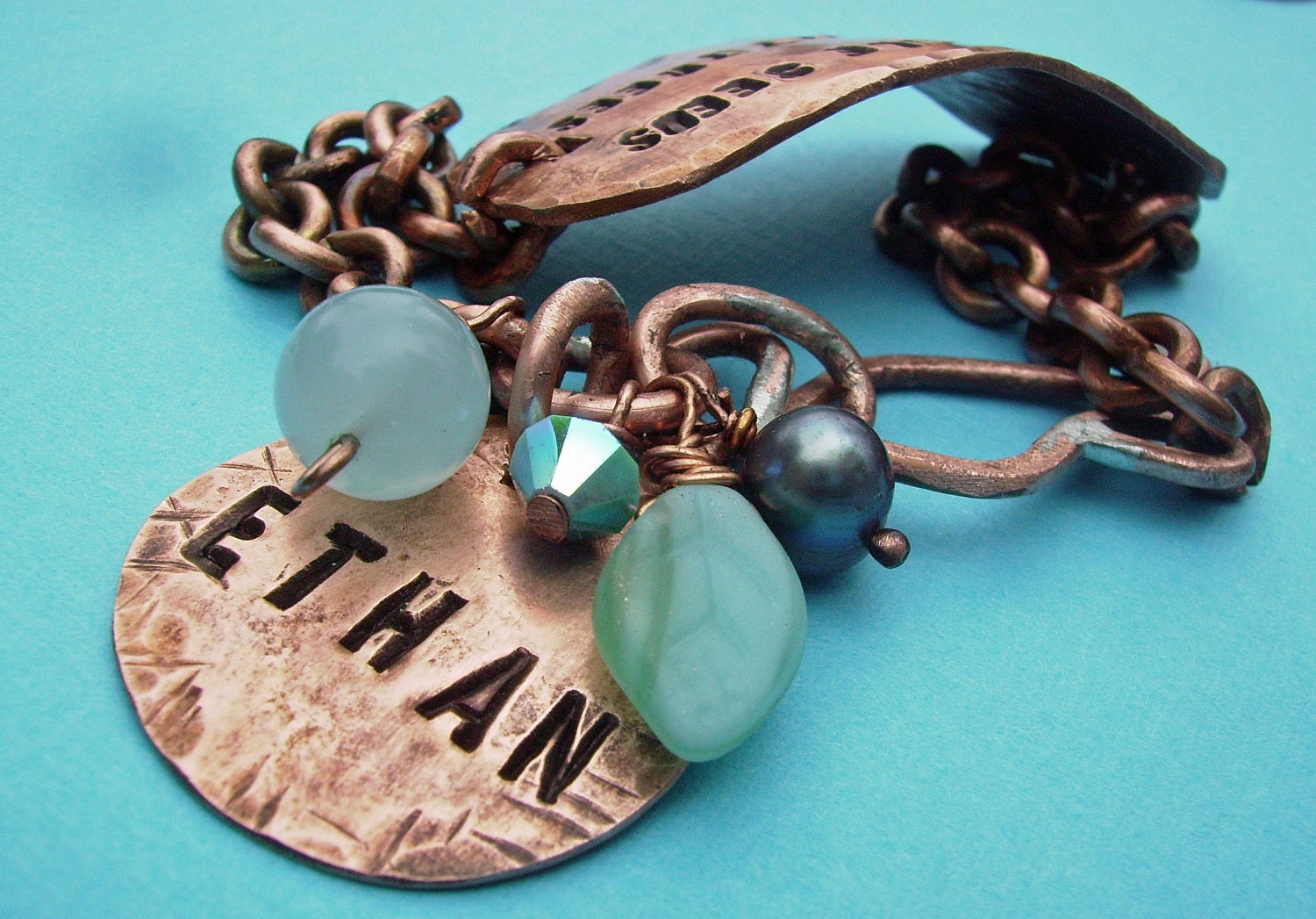 Hand Stamped Custom Personalized Antiqued Copper Id Band Bracelet w disc and beads - You choose Words, Names, Colors