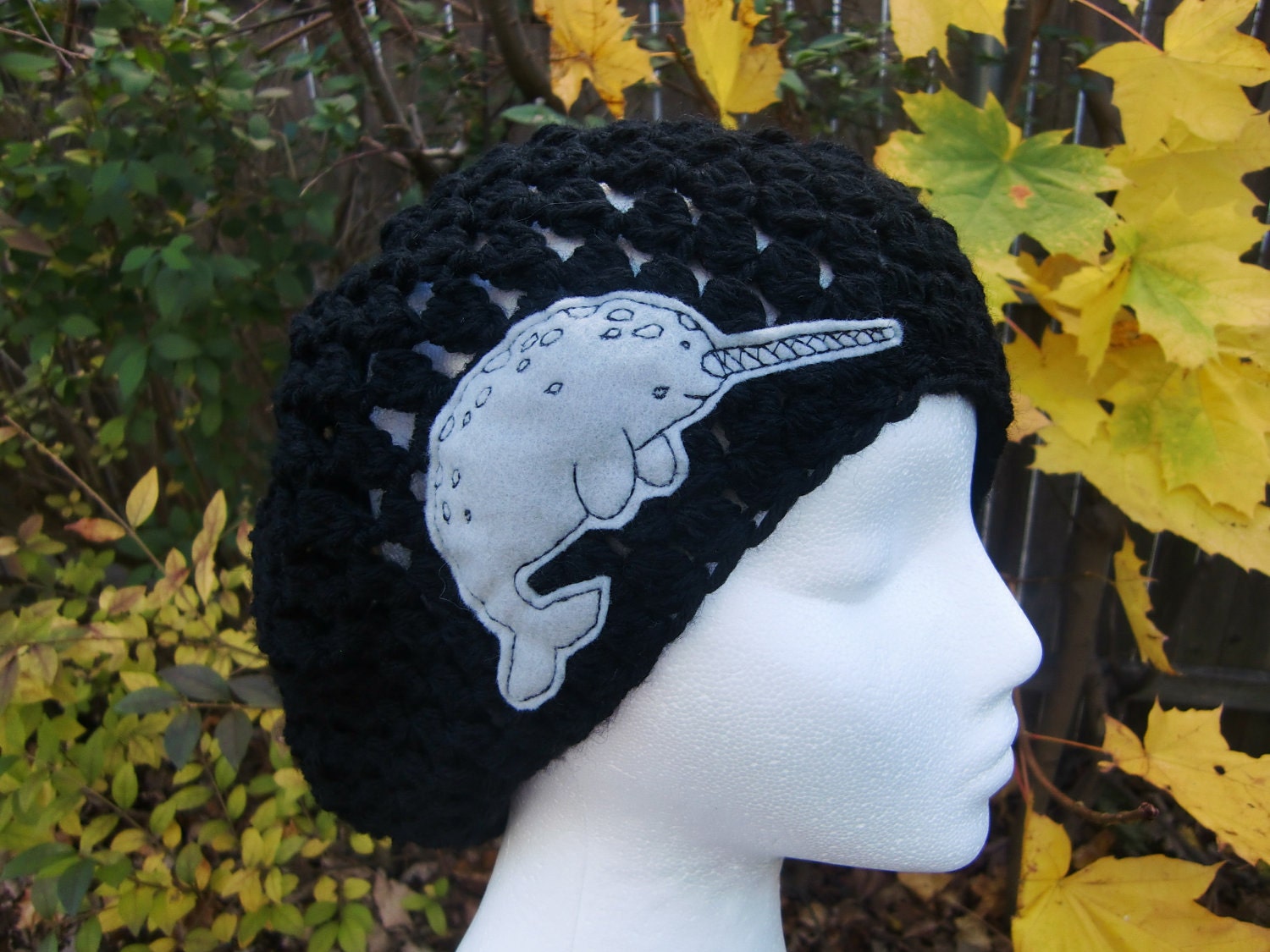 Black crochet Hat with Narwhal Patch Applique