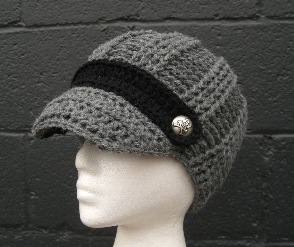 Grey and Black Mary Jane Hat with Silver Skull Crossbones Buttons