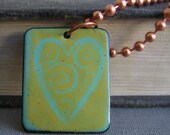 Geometric Necklace, Enameled Necklace, Copper Necklace, Enameled Copper Tile, Aqua Swirled Heart, Copper Ball Chain