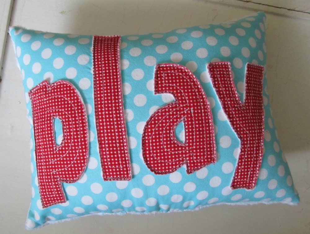 PLAY Pillow in Red Gingham and Aqua Polka Dots handmade