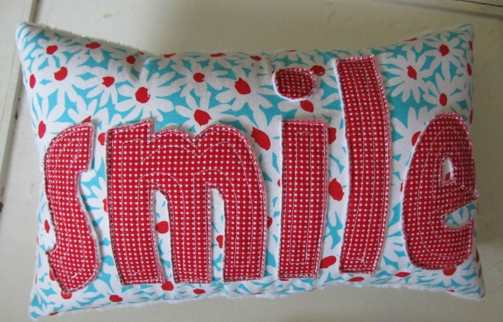 SMILE Pillow in Red Gingham and Aqua, Red and White Flowers handmade