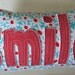 SMILE Pillow in Red Gingham and Aqua, Red and White Flowers handmade