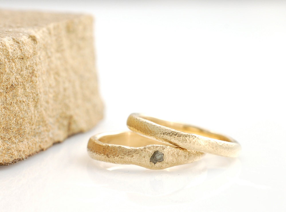 Rough Diamond and 14k Yellow Gold Sands of Time Ring Set - sz 5 ready to ship