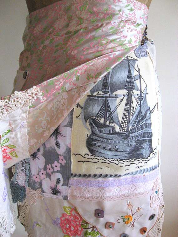 Sail Away Skirt, Vintage Ship, Embroidery, Lace, Wrap, Bohemian Gypsy, Rustic