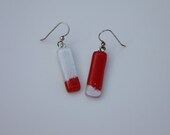 Birthday Present, Handmade Glass Dangle Earrings Red and White Glass  FREE SHIPPING (to USA)