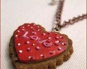 Calorie Free Cookie, Valentines Day Necklace, Clay cookie pendent, Pink Red White, Pearl dangles.
