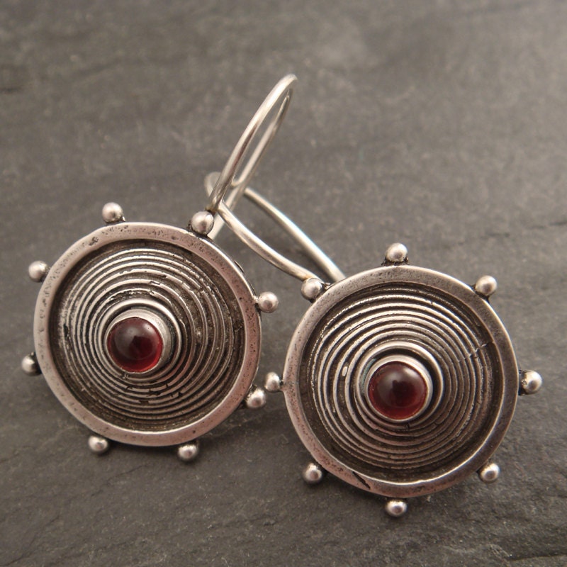 Sterling Pinwheel Earrings with Garnet Cabs