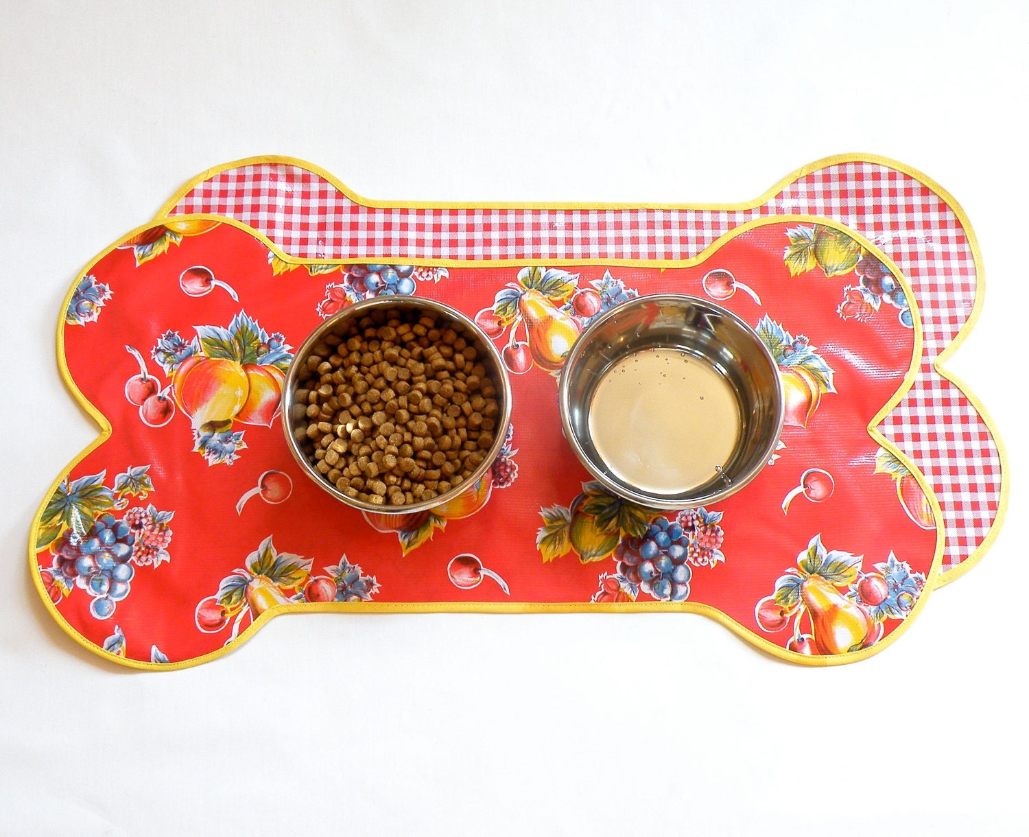 Oilcloth Doggie Dish Mat -- Reversible Red Fruity and Red Gingham --- IN STOCK