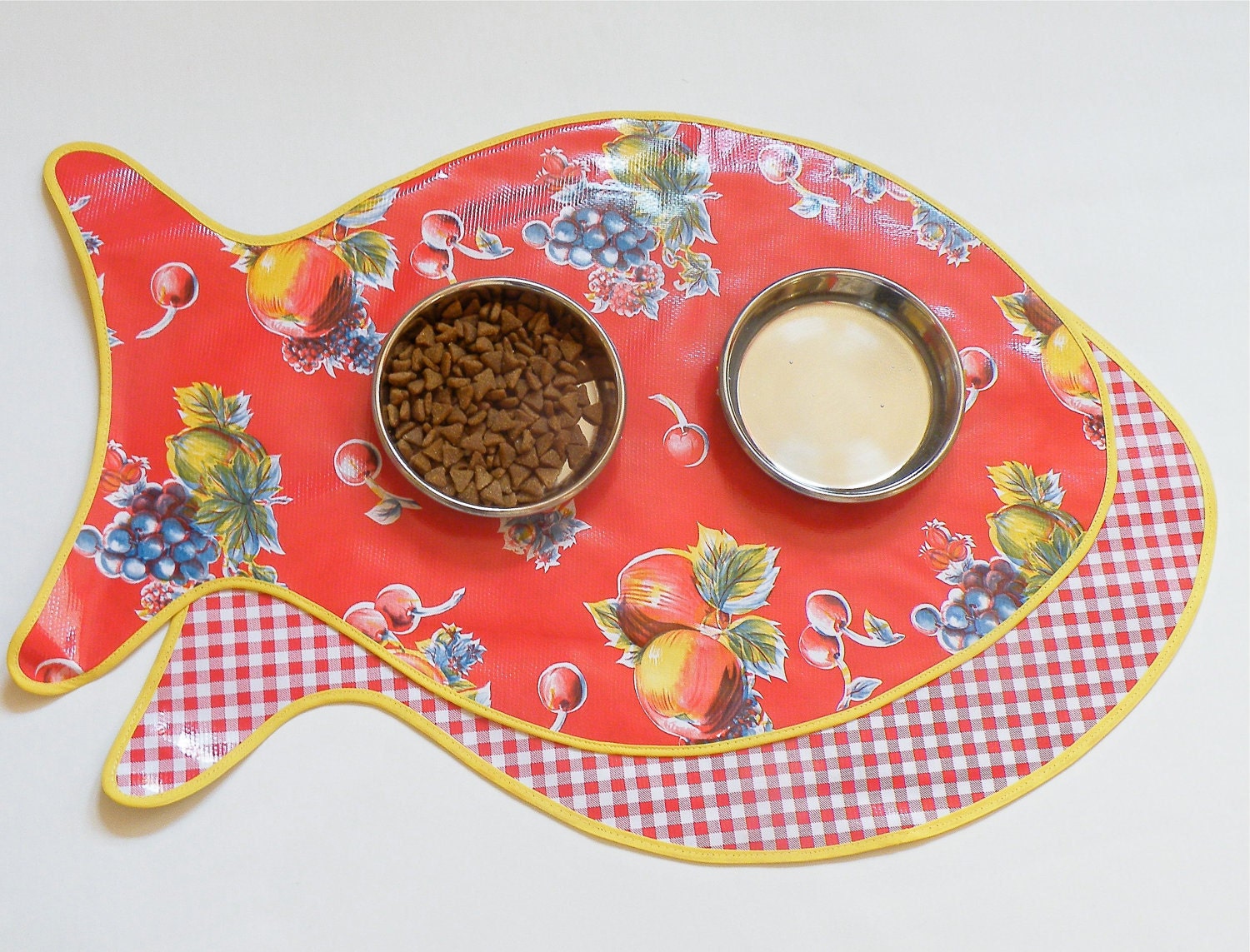 Oilcloth Cat Dish Mat -- Reversible Red Fruity and Red Gingham --- IN STOCK