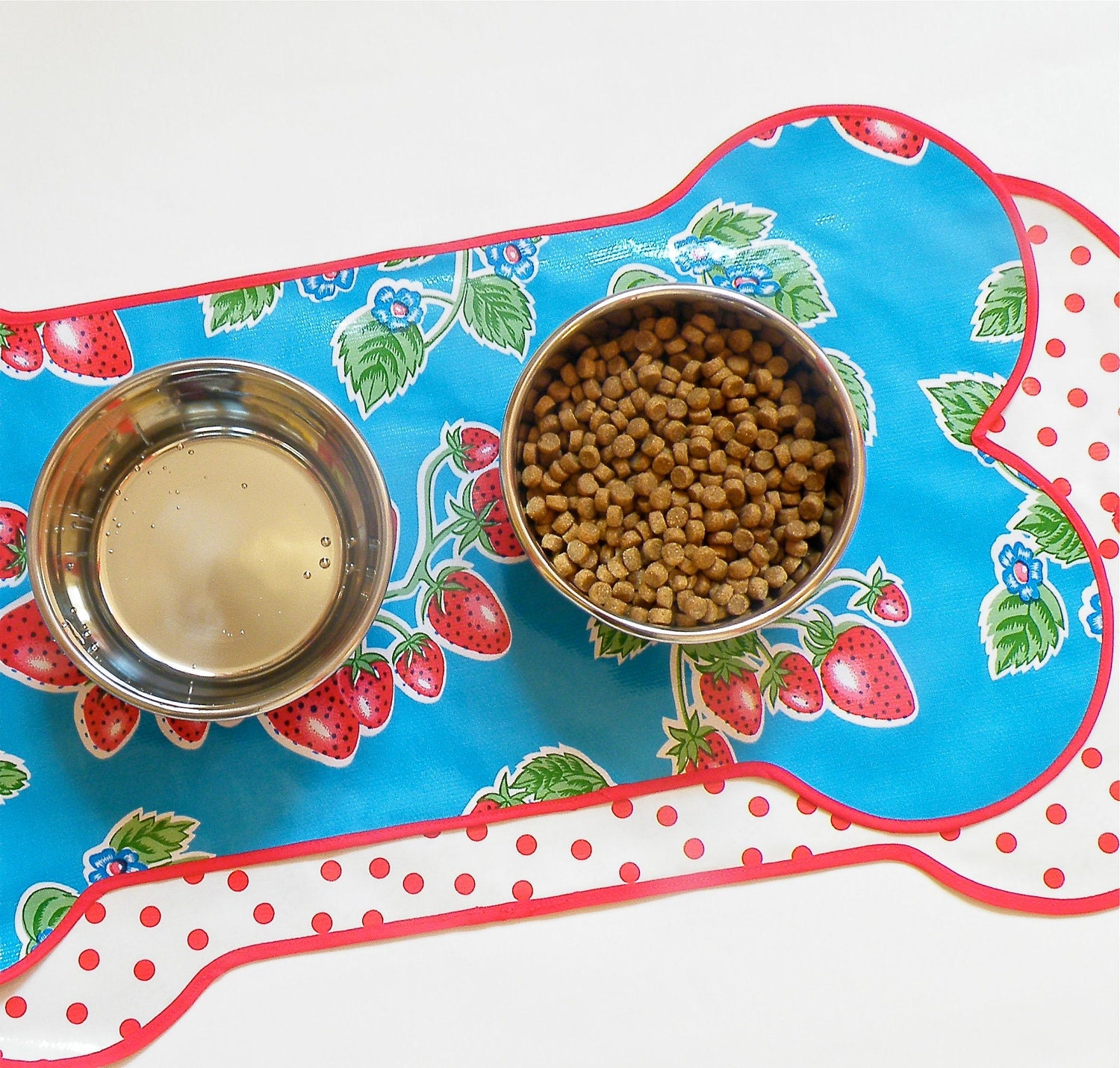 Oilcloth Doggie Dish Mat  Reversible Blue Strawberry and Red Dot --- IN STOCK