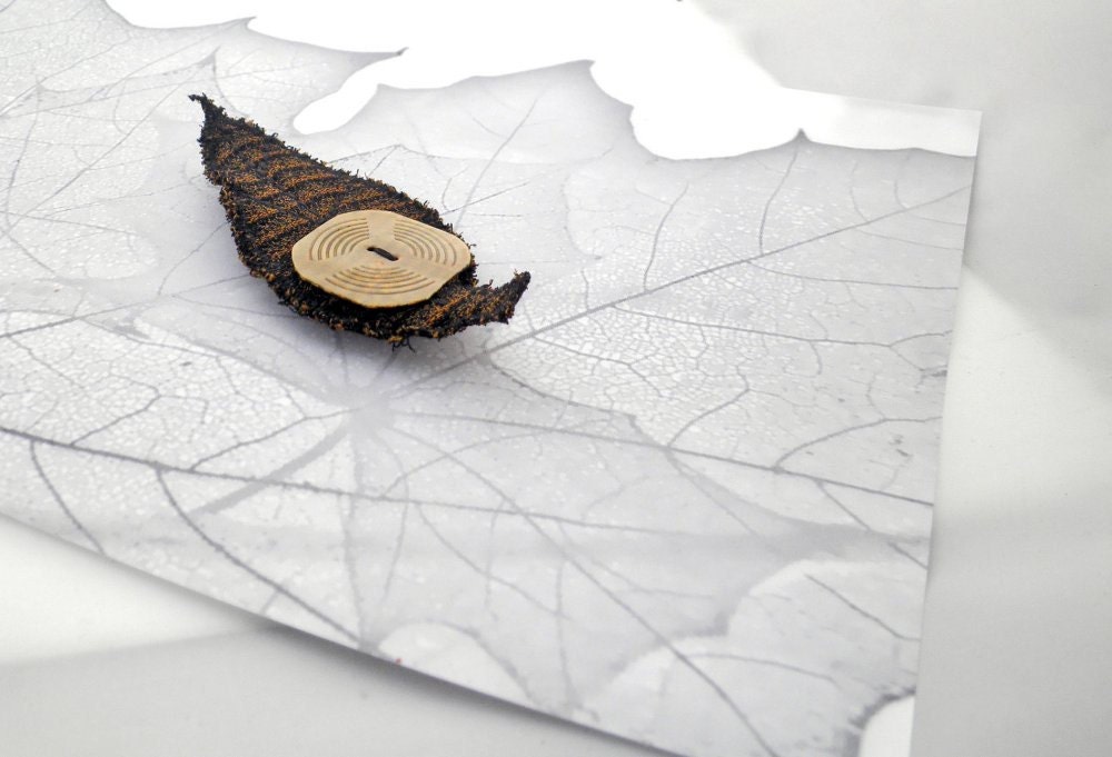 Fabric Leaf Button Brooch - Autumn Stripes and Circles