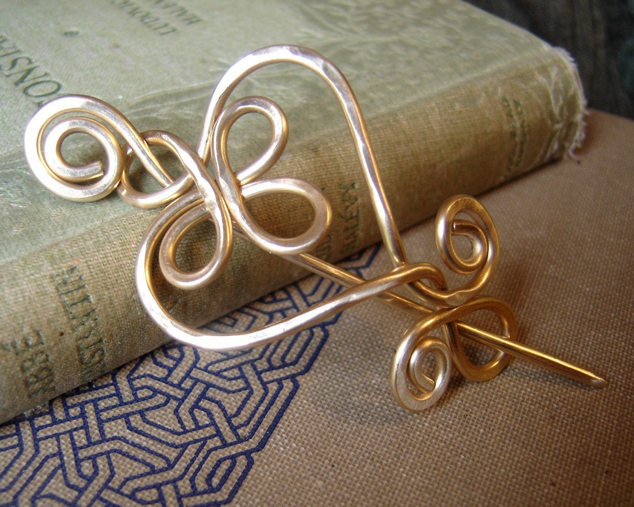Celtic Heart and Swirls Shawl Pin, Scarf Pin, Sweater Brooch- Brass Wire -  Celtic Knot Accessory, Women, Knitting