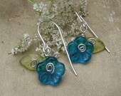 Teal Glass Flower Earrings - Dangle Earrings- Sterling Silver Wire Wrapped Czech Glass - Little Girls Small Earrings