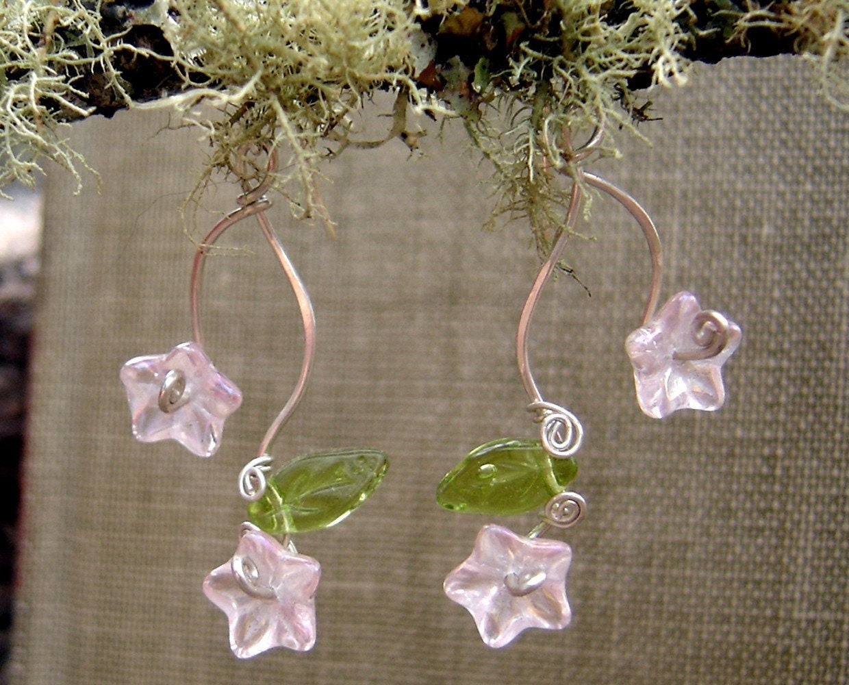 Pink Flowers and Tendrils Double Vines Glass Earrings - Glass Flower Earrings - Dangle Earrings - Czech Glass Beads - Flower Jewelry