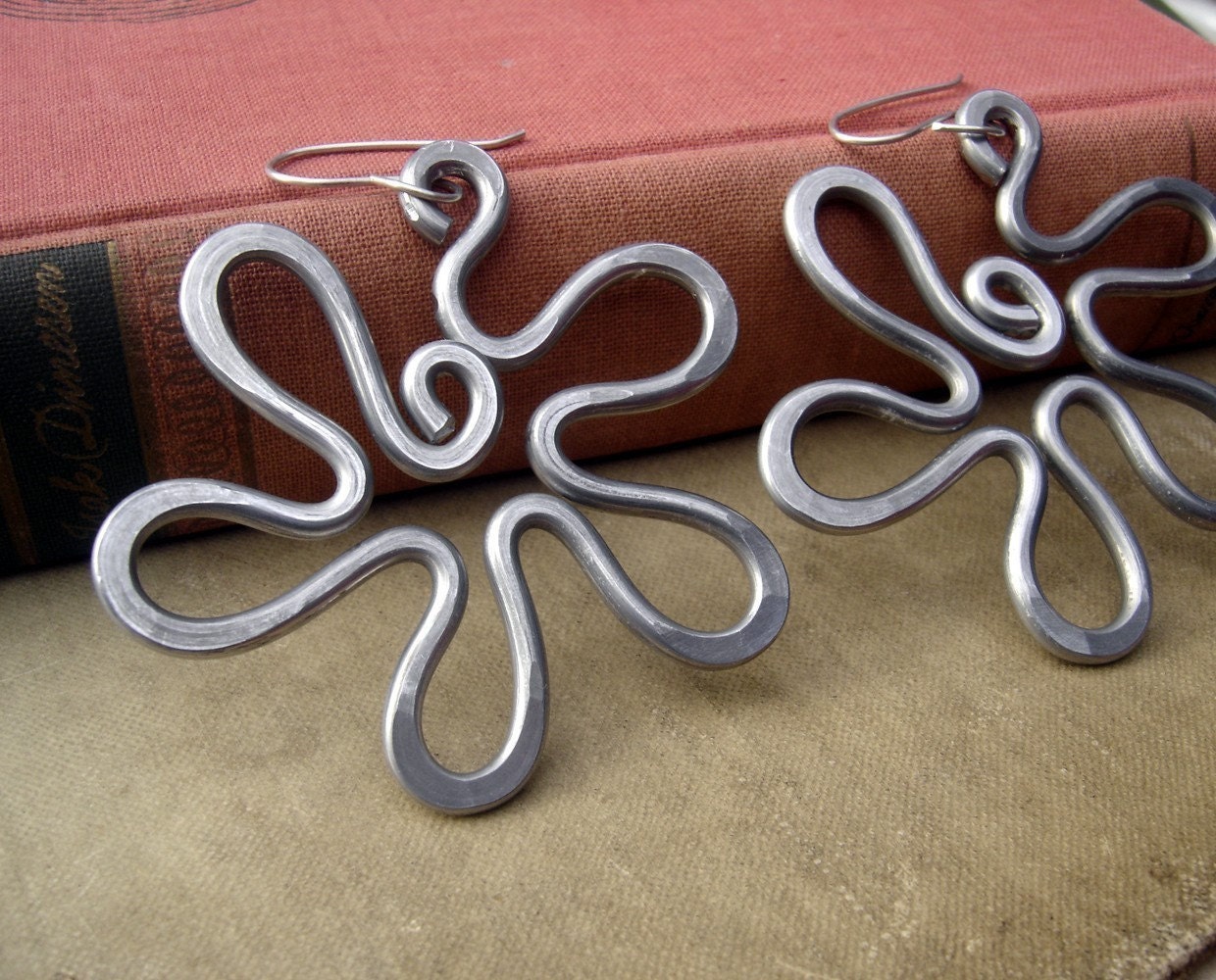 Very Big Flower Earrings - Groovy Retro Flower - Light Weight Aluminum Wire Big Earrings - Long, Metal, Dangle