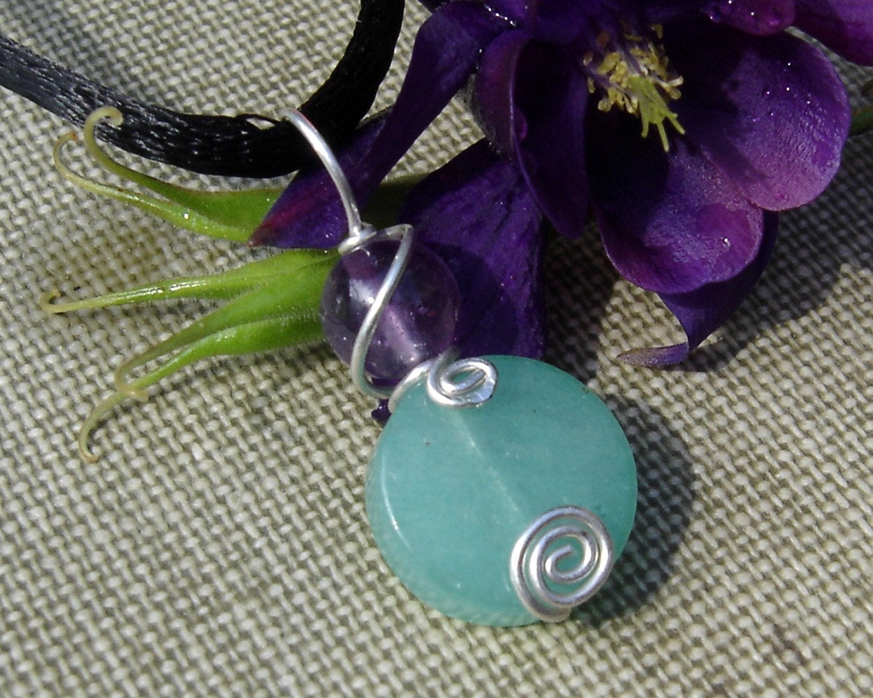 Green Aventurine and Amethyst Stone Pendant Necklace - Sterling Silver Wire Wrapped Swirl - Jewelry Gift