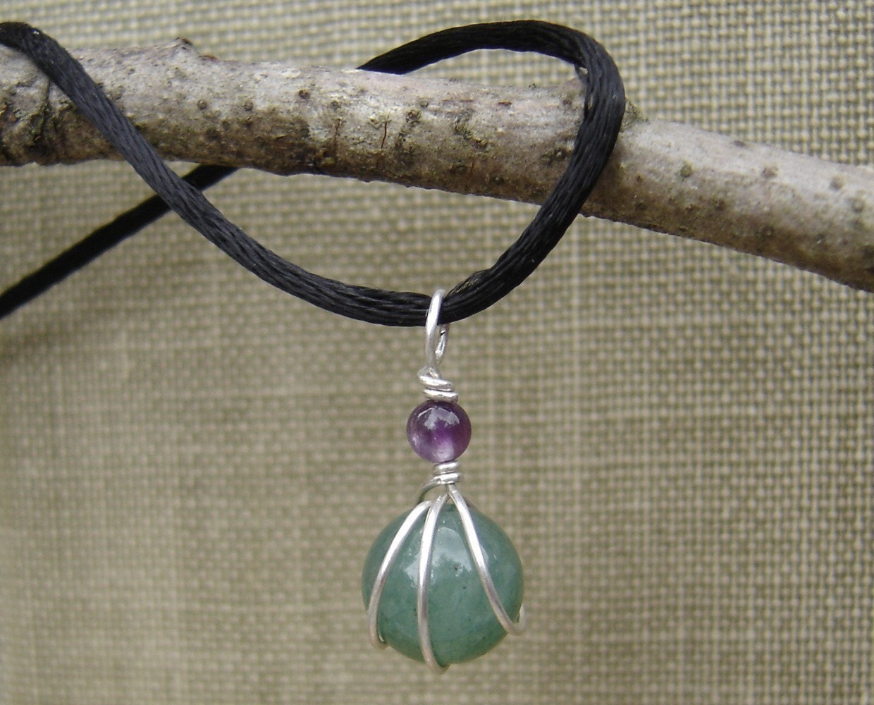 Green Aventurine and Amethyst Little Wirewrapped Pendant- Green Stone Necklace- Stone Jewelry