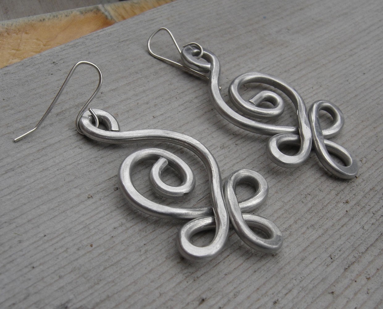 Unique BIG Earrings - Celtic Budding Spiral Swirl - Light Weight Hammered Aluminum Wire - Celtic Jewelry