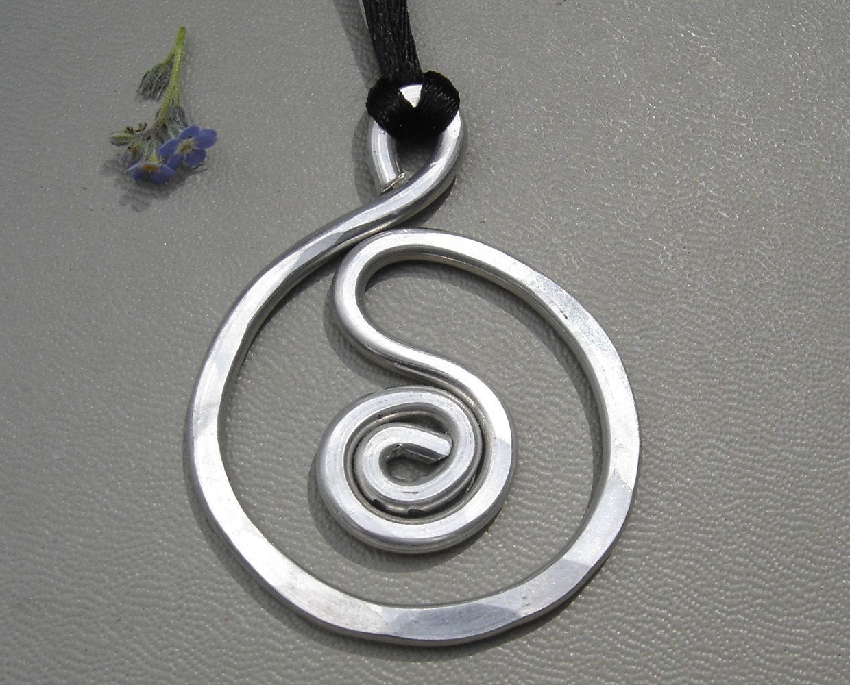 Big Spiral in a Circle Pendant Necklace - Aluminum Jewelry - Hammered Metal Wire, Bold, Handmade, Unisex