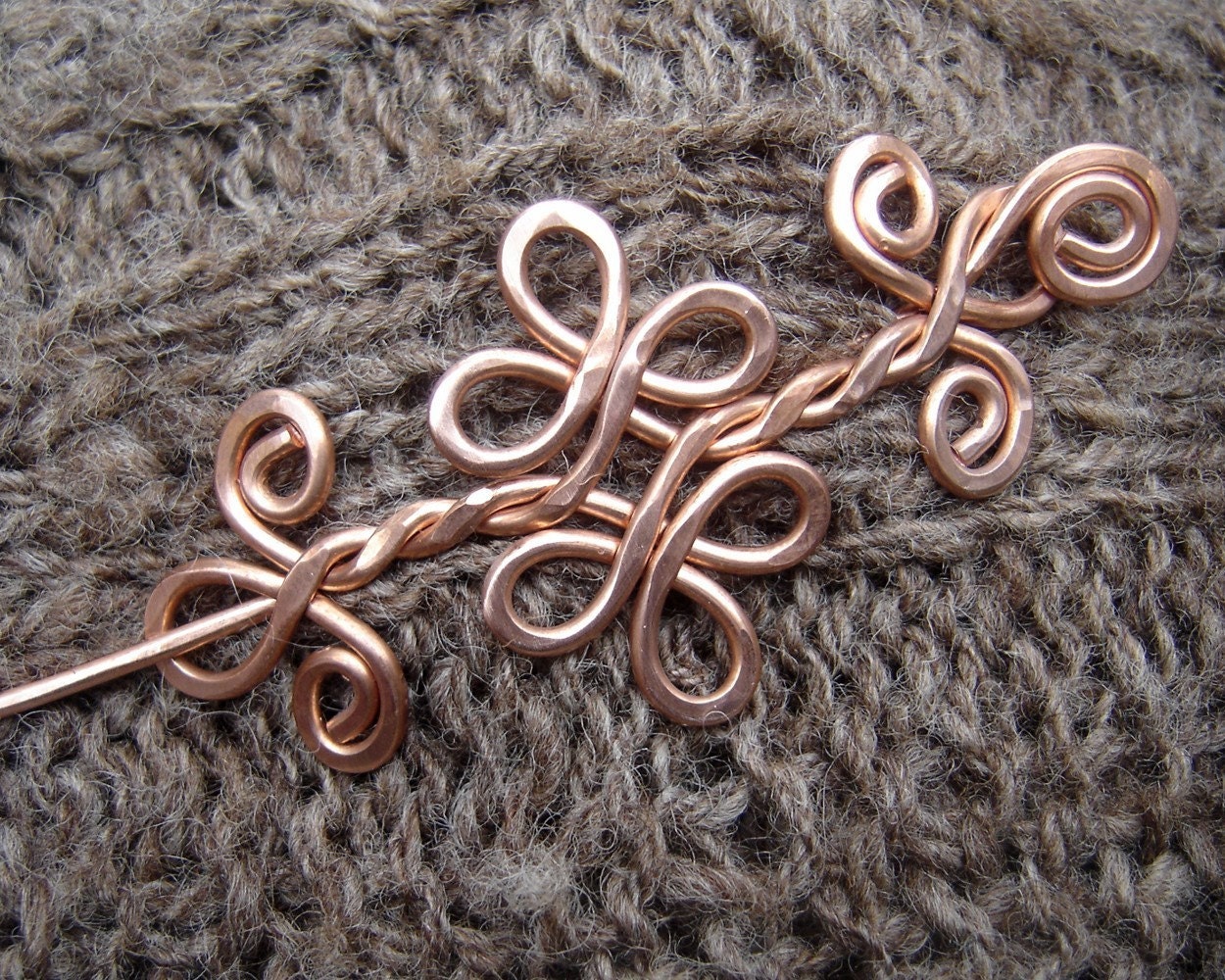 Celtic Knot Double Swirls and Curls Copper Shawl Pin, Hair Pin, Scarf Pin, Sweater Brooch, Barrette, Hair Clip - Hair Accessory