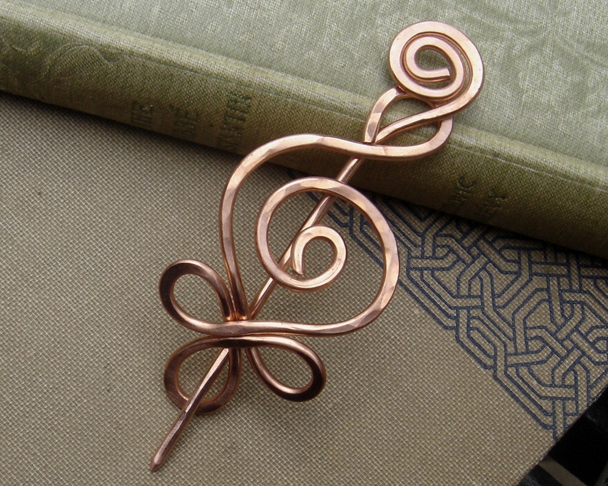Celtic Budding Spiral Copper Shawl Pin / Scarf Pin / Sweater Brooch/ Hair Pin- Celtic Accessory- Hammered Wire Metal