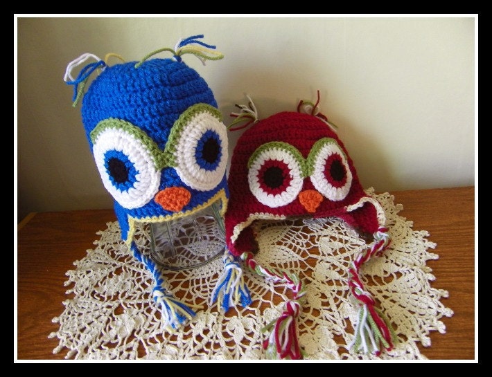 Childs Owl Hat Earflaps Handmade Crochet Braid Ties