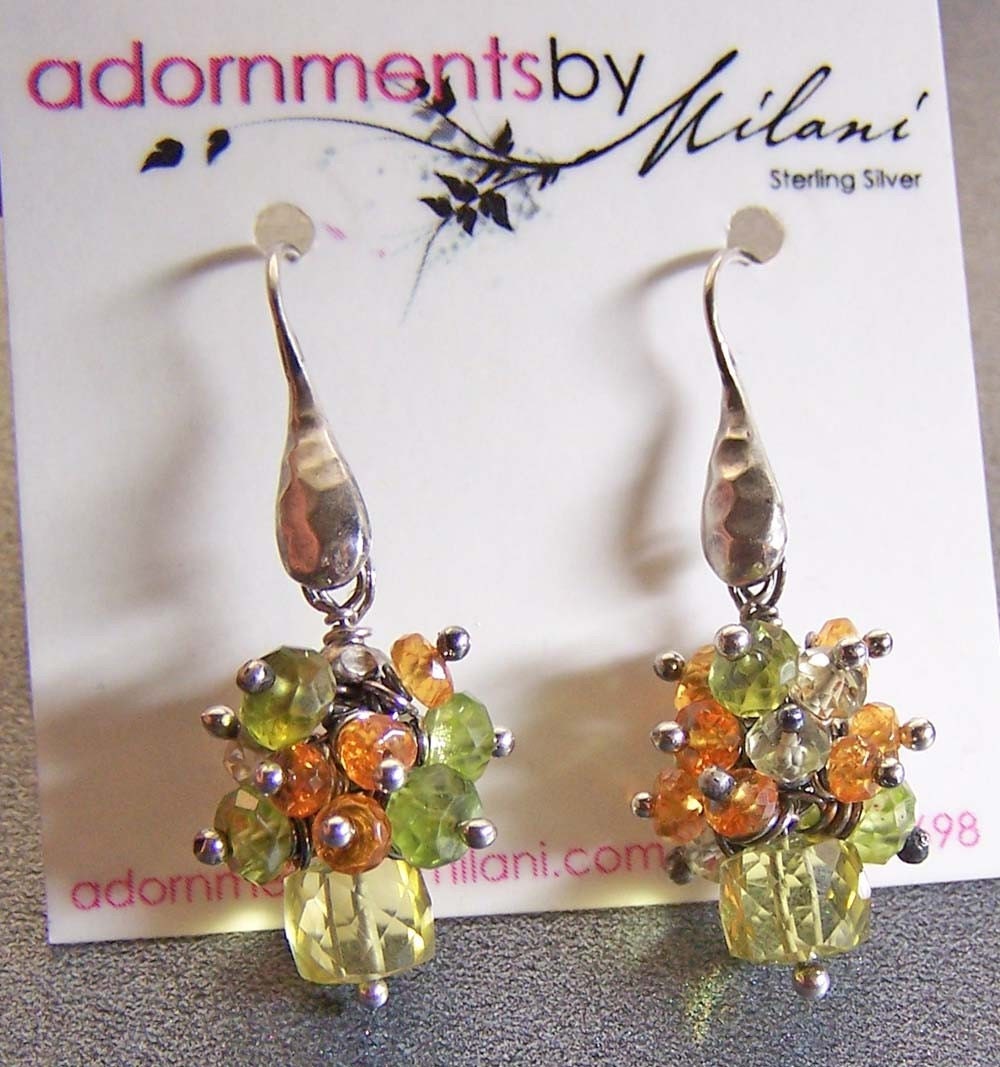 Yellow Orange Green Earrings Gemstones Beaded Sterling Silver -Pineapple Parfait